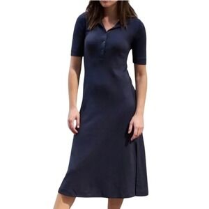 AYR Pima Cotton Polo Midi Dress Navy XS – Short Sleeve Button Front Knit
